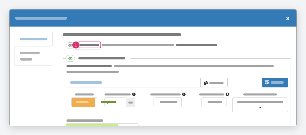 Reserva de citas - Configuración · (1) Visibilidad de la propiedad (icono de ojo)